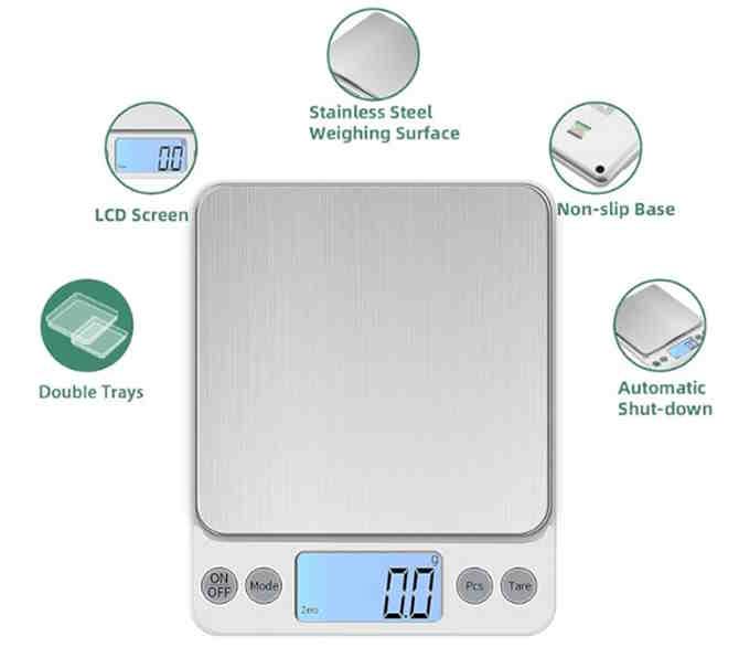 A white electronic scale with green text AI-generated content may be incorrect.
